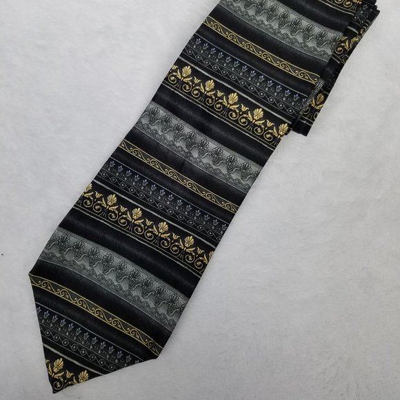 Roundtree Yorke Black Gold Silver Stripes Silk - Picture 1 of 3